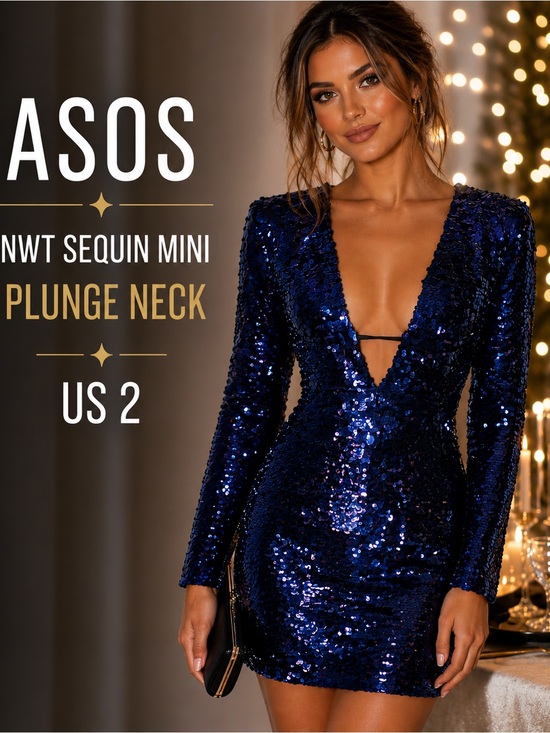 ASOS Dresses & Skirts - NWT ASOS Navy Sequin Plunge Neck Bodycon Mini Dress Long Sleeve US 2